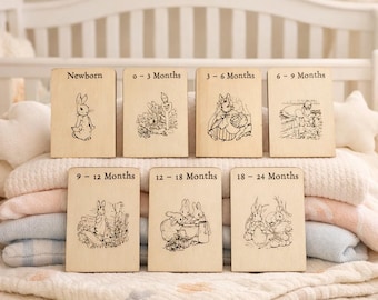 7 Peter Rabbit houten baby loting scheidingslijnen, organisatie kinderdagverblijf, pasgeboren cadeau, babyshower aandenken cadeau, eerste outfit, baby aandenken