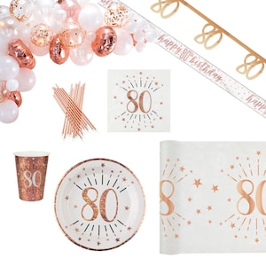 Rose Gold 80th Birthday Supplies, 80th Party Tableware and Decorations, 80th Birthday Napkins Plates Cups Balloons Cake Topper Decorations