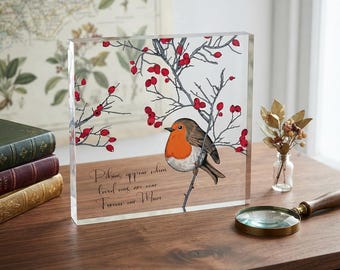 Personalised Memorial Robin Acrylic Block Sign, Name or Initials and Dates, Modern Red Thinking of You Keepsake and Meaningful Gift
