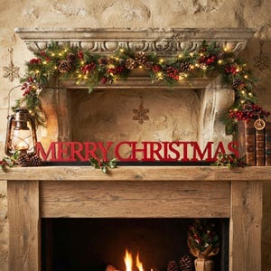 Pu&ograve; includere: Una decorazione festiva con una ghirlanda di pino verde adornata con bacche rosse, pigne e luci bianche calde. Il testo rosso MERRY CHRISTMAS &egrave; posizionato davanti, accompagnato da una lanterna in metallo e da libri impilati.