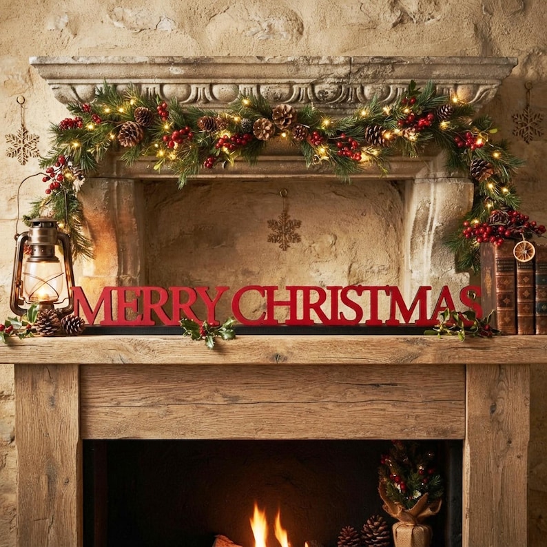 Pu&ograve; includere: Una decorazione festiva con una ghirlanda di pino verde adornata con bacche rosse, pigne e luci bianche calde. Il testo rosso MERRY CHRISTMAS &egrave; posizionato davanti, accompagnato da una lanterna in metallo e da libri impilati.