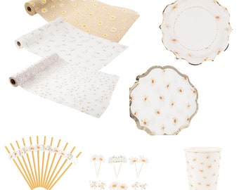 Daisy Flower Theme Partyware, Floral Afternoon Tea Party Napkins Cups Plates Table Runner Food Picks, Girls Flower Birthday Party Decoration