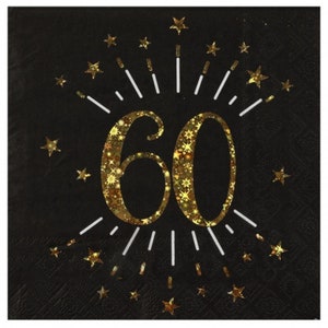 10 Black Gold 60th Birthday Party Napkins, Foil 60th Birthday Paper Napkins, Age 60 Birthday Tableware, 60th Milestone Birthday Partyware