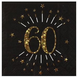 10 tovaglioli per festa per il 60° compleanno in oro nero, tovaglioli di carta in alluminio per il 60° compleanno, stoviglie per 60 anni, articoli per feste per il 60° compleanno