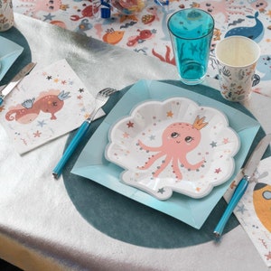 10 piatti di carta per feste di compleanno sotto il mare, festa di compleanno per bambini in riva al mare con sirena, piatti di carta per bambine e bambini, design a forma di polpo