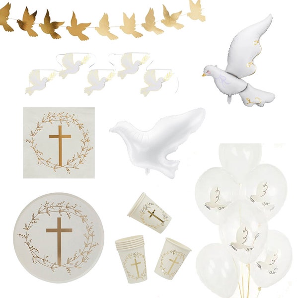 Christening Baptism Communion Tableware Decoration, Dove of Peace Garland & Balloon, Religious Baptism Plates Cups Napkins, Dove Balloons