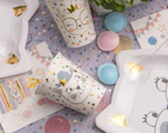 10 Kitty Cat Party Cups, Cat Themed Childrens Birthday Party, Animal Paper Cups, Gold Foiled Cute Birthday Tableware