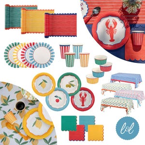 Mediterranean Summer Party Tableware Collection – Scalloped Plates, Striped Table Runners, Cups, Napkins & Table Covers