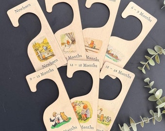 7 Winnie The Pooh Nursery Hangers, Wooden Baby Clothes Dividers Colour Printed, New Born Gift, Baby Shower Keepsake, Wood Baby Keepsake