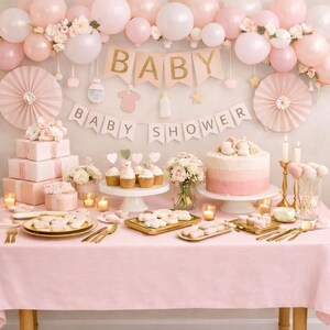 Puede incluir: Una mesa de baby shower con mantel rosa, un pastel de varios niveles, cupcakes y cajas de regalo. Un cartel dice BABY BABY SHOWER con letras doradas y blancas. La decoración incluye globos rosas y blancos, abanicos de papel y arreglos florales.