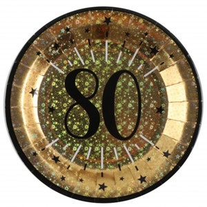 10 Black And Gold 80th Birthday Paper Plates, Sparkling Foil 80th Party Tableware, 80th Birthday Party, Age 80 Gold Milestone Partyware