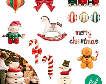 Christmas Foil Balloons, Giant Snowman Gingerbread Elf Candy Cane Bow Train Decorations, Festive Party Photo Props, Choose Design