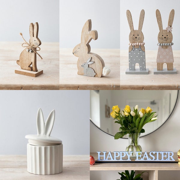 Easter Ornaments, Wooden Easter Bunny Rabbit Decorations, Happy Easter Signs, Childrens Wooden Easter Bunny Gifts, Ceramic Sweet Pot