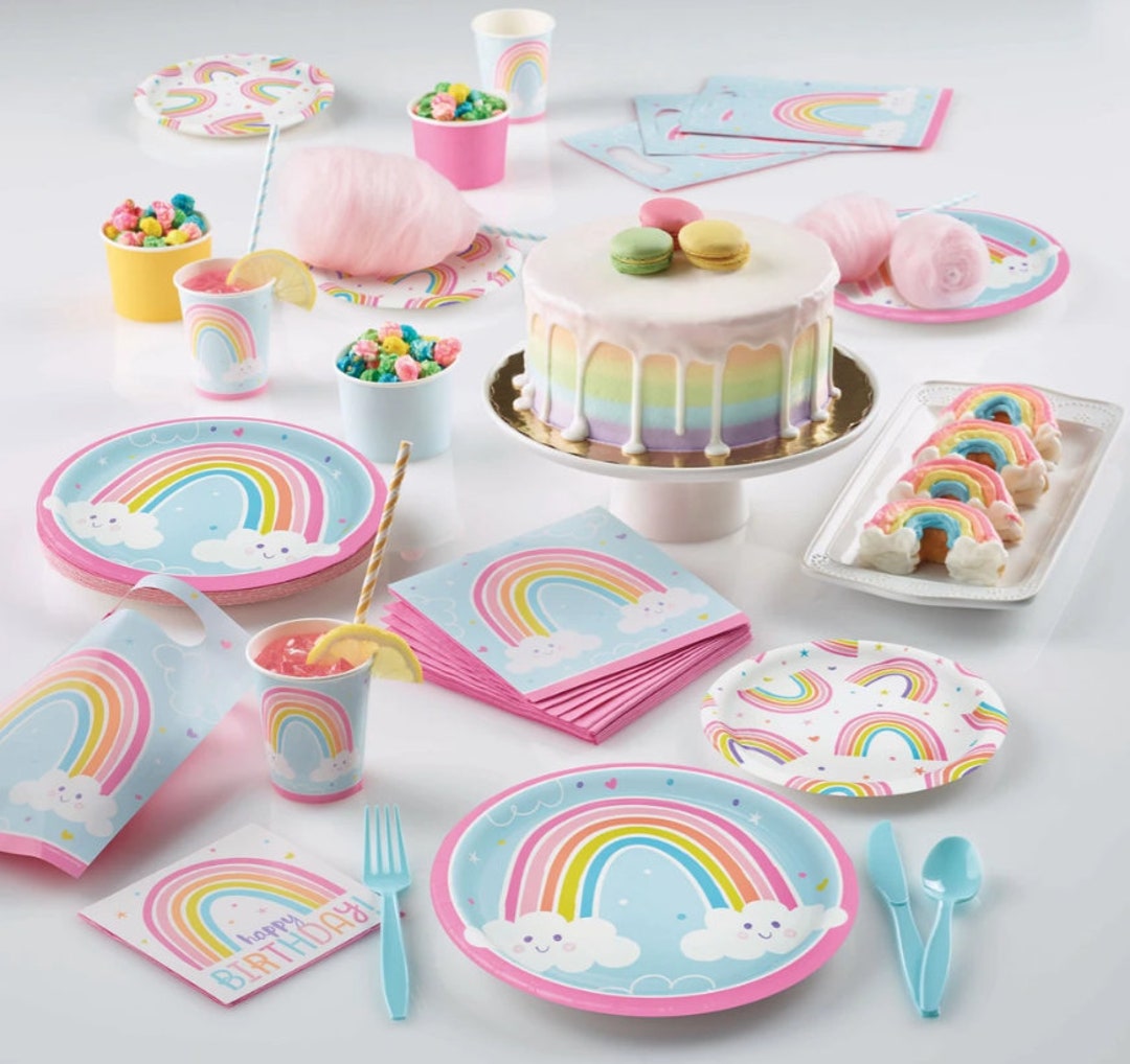 Happy Birthday Rainbow Birthday Range, Rainbow Party, Girls Pastel  Partyware, Rainbow Decorations Plates Cups Table Cover Napkins 
