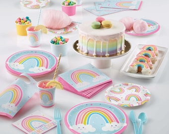 Happy Birthday Rainbow Birthday Range, Rainbow Party, Girls Pastel Partyware, Rainbow Decorations Plates Cups Table Cover Napkins