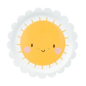 May include: A white paper plate with a scalloped edge features a yellow sun with a smiling face and pink cheeks.