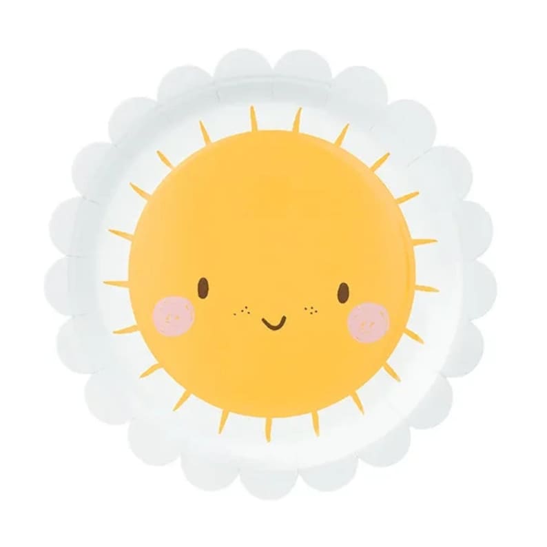 May include: A white paper plate with a scalloped edge features a yellow sun with a smiling face and pink cheeks.