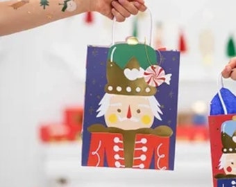 6 Nutcracker Christmas Gift Bags, Medium Paper Handled Gift Bags, Festive Treat Bags, Nutcracker Paper Bags Gift Set