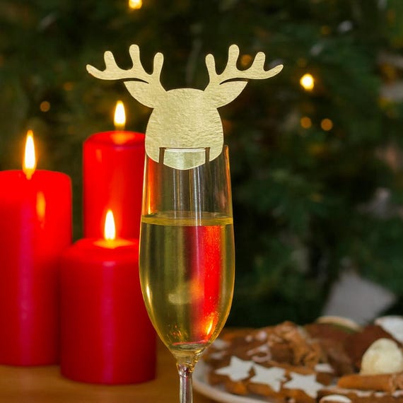 10 Gold Christmas Reindeer Foil Drink Toppers, Festive Party Novelty Table Decoration, Party Tableware, New Years Eve Party Decoration