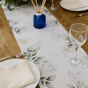 Botanical White Gold Green Foliage Fabric Table Runner, Wedding Table Decoration, Green Gold Table Runner, Party Table Decoration 5m image 1