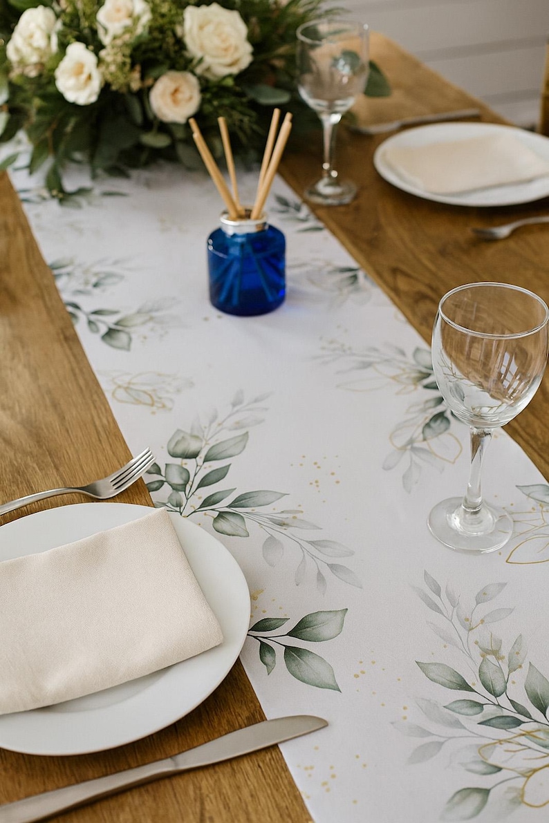 Botanical White Gold Green Foliage Fabric Table Runner, Wedding Table Decoration, Green Gold Table Runner, Party Table Decoration 5m image 1