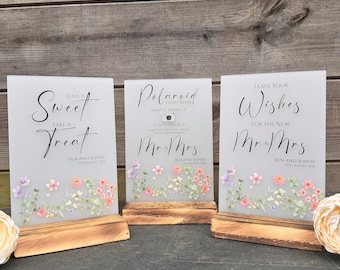 Personalised Floral Wedding Table Signs, Guest Book Leave Your Wishes Sign, Polaroid Sign, Sweet Bar Sign, Wedding Reception Decoration A5