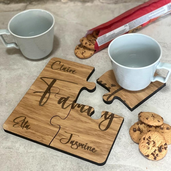 Personalised Family Names Jigsaw Coaster Set, Engraved Wooden Coaster, Wood Gift For Family, New Home Gift, Set Of 4