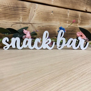 Wedding Snack Bar Standing Table Sign, Wooden Table Decorations, White Freestanding Kids Party Food Sign, Wedding Decorations