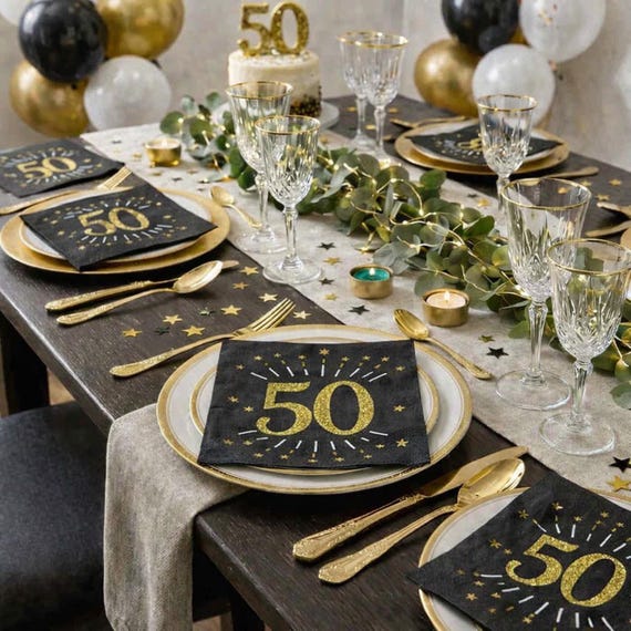 Tischläufer 50. Geburtstag In Schwarz & Gold Mit Sternen – 5m Party-Deko