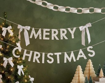 White Gold Merry Christmas Card Banner with Velvet Bows, Festive Holiday Hanging Decoration, Cheerful Seasonal Christmas Decor 2m