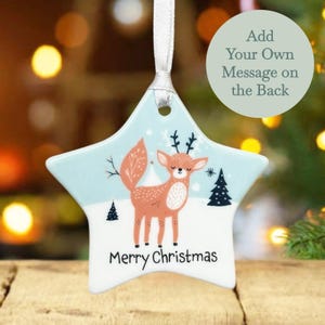 Childrens Christmas Star Tree Decoration, Personalised Porcelain Bauble Gift, Custom Tree Decoration, Reindeer Design With Custom Message