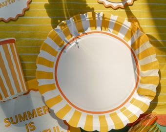 Gelb gestreifte Partyteller 6er Pack 23 cm, Einwegpapiergeschirr, Geburtstag Tischdekoration, Picknickteller