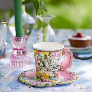 12 tasses et soucoupes en papier Alice au pays des merveilles, tasses pour le thé de l'après-midi Les Chapeliers fous, articles de fête Alice au Pays des Merveilles, tasses pour enfants
