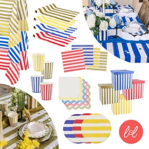 Peut inclure: Une collection d'articles de fête avec des motifs rayés en bleu, rouge, jaune et vert olive. Les articles comprennent des nappes, des chemins de table, des gobelets en papier, des serviettes carrées, des serviettes festonnées, des boîtes et des assiettes.