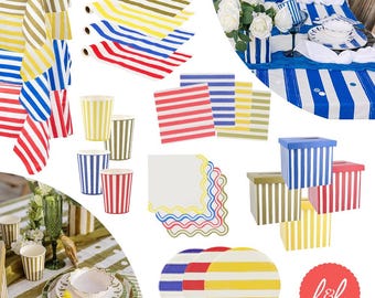 Colourful Striped Party Decorations, Paper Plates Cups Napkins, Table Runner & Tablecloth, Rainbow Birthday Party Supplies