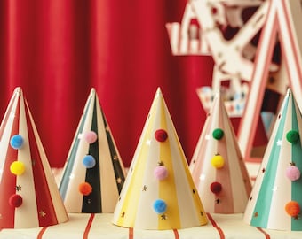 6 DIY Circus Theme Party Pompom Hats, Funfair Birthday Party Hats, Circus Birthday Hats, Childrens Circus Party
