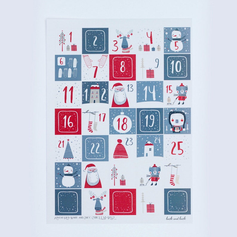 May include: A red and blue illustrated advent calendar with a white background. Each day has a different illustration of a winter holiday theme, such as a snowman, a reindeer, and a Santa Claus. The numbers 1 through 25 are printed on the calendar.