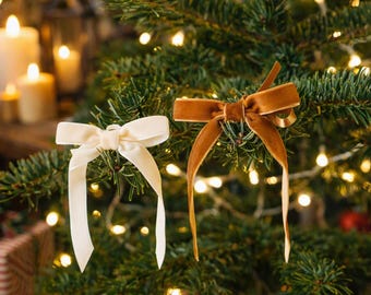 Gold and Cream Velvet Christmas Bows, Festive Present and Tree Decorations, Cheerful Seasonal Home Decor, Decorative Bow Set 8 Pack