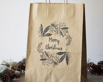 6 Handled Mistletoe Christmas Gift Bags, Kraft Brown Merry Christmas Bags, Christmas Wrapping Kit, Festive Gift Bags, Gift Wrapping Bags