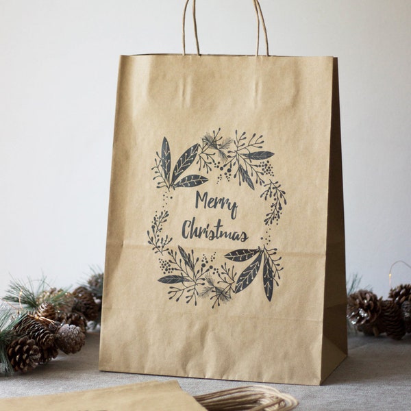 6 Handled Mistletoe Christmas Gift Bags, Kraft Brown Merry Christmas Bags, Christmas Wrapping Kit, Festive Gift Bags, Gift Wrapping Bags