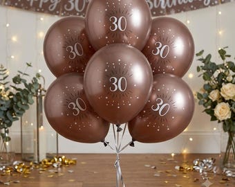 6 Rose Gold 30th Party Balloons, Bronze 30th Birthday Decorations, Age 30 Birthday Party Decorations, Rose Gold Birthday Party