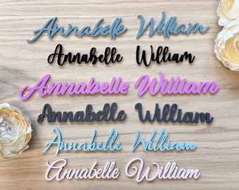 Acrylic Wedding Place Names, Personalised Coloured Napkin Favours, Small Childrens Acrylic Name Tags, Modern Name Cards, Laser Cut Names