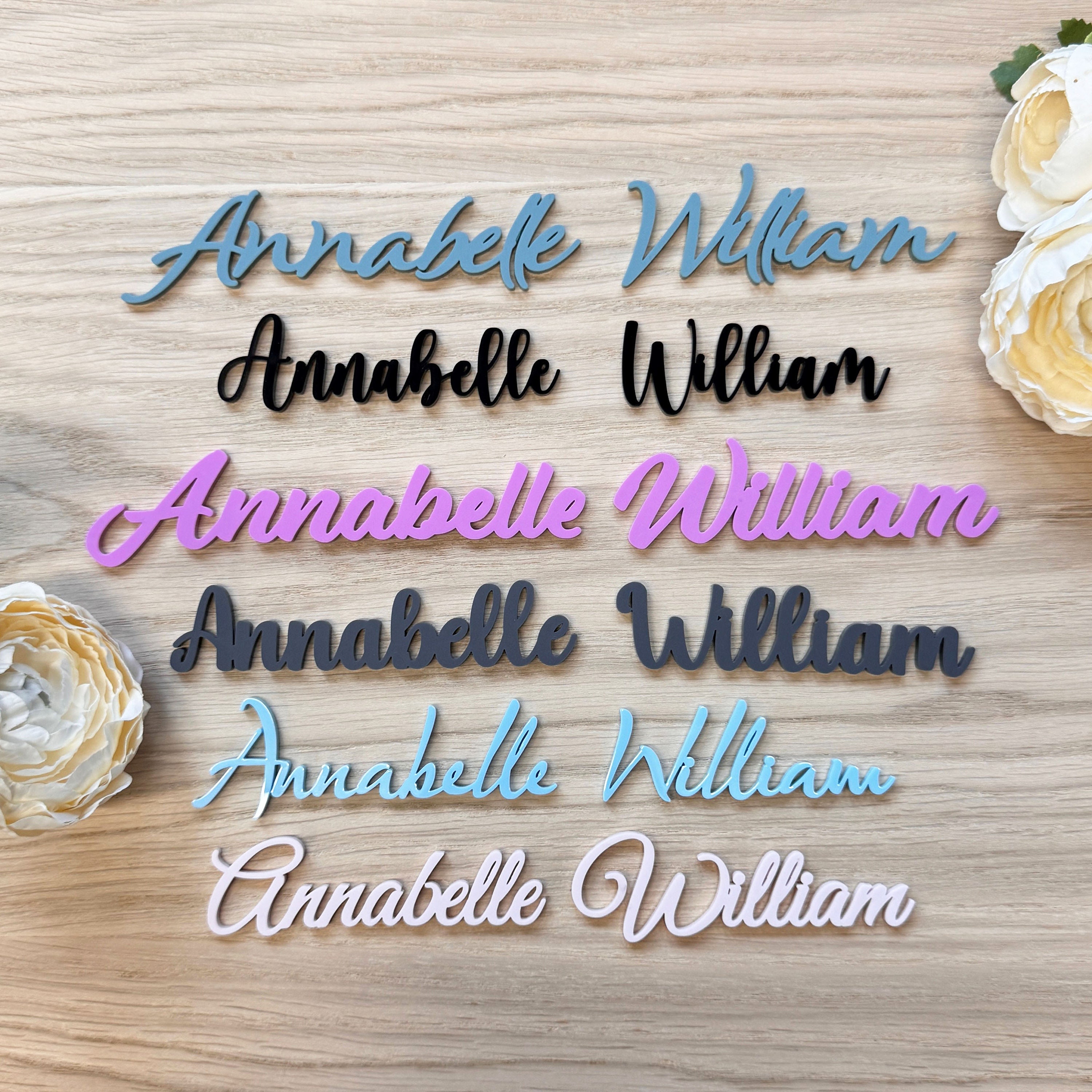Acrylic Wedding Place Names, Personalised Coloured Napkin Favours, Small Childrens Acrylic Name Tags, Modern Name Cards, Laser Cut Names