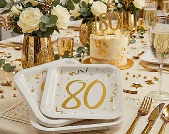 10 Gold Foiled 80th Birthday Paper Plates, Sparkling Foil 80th Party Tableware, 80th Birthday Party, Age 80 Gold Milestone Partyware