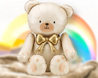 Nallebjörnsballong i krämfärgad folie, söt babyshowerdekoration, könsneutral festdekoration, barnrumsdekoration för nyfödda
