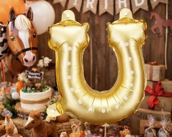 Juego de 3 globos de aluminio con forma de herradura dorada, decoración para fiesta ecuestre, celebración de cumpleaños, temática del Oeste, decoración para fiestas infantiles.