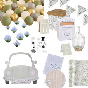 Suministros botánicos para bodas, fiesta de bodas verde salvia, planificadores de bodas, libro de invitados, buzón de correos, marco de fotos, tarjetas de lugar, globos, etc.