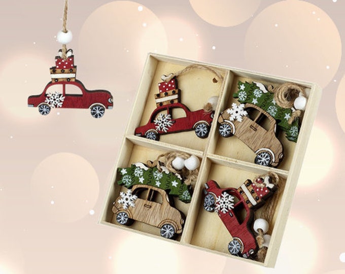 Christmas Wooden Tree Decorations, Wooden Car Decorations, Holiday