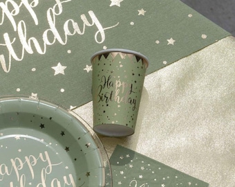 10 Olive Green Birthday Cups, Gold Foiled Birthday Party Tableware, Green Birthday Party Supplies, Disposable Paper Cups