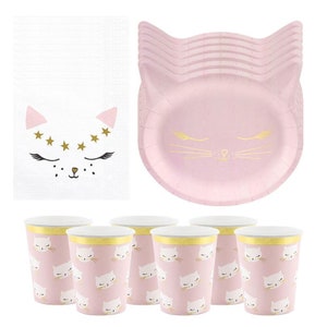 Girls Cat Birthday Party Pack For 6 People, Cat Birthday Decorations, Pink Cat Paper Plates, Cups & Napkins